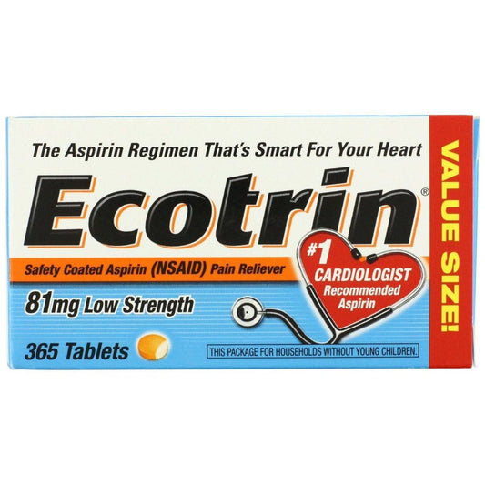 Ecotrin Low Dose Safety Coated Aspirin 81mg bottles, 365 tablets for daily heart health, by Pasteur Pharmacy.