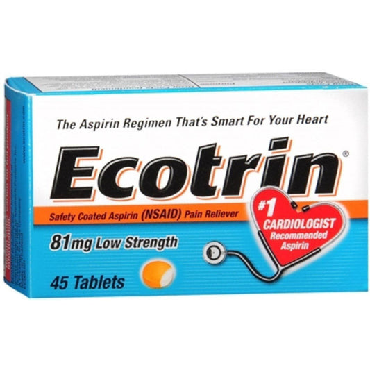 Ecotrin Low Dose 81mg aspirin bottles with 45 coated tablets for heart health support, by Pasteur Pharmacy.