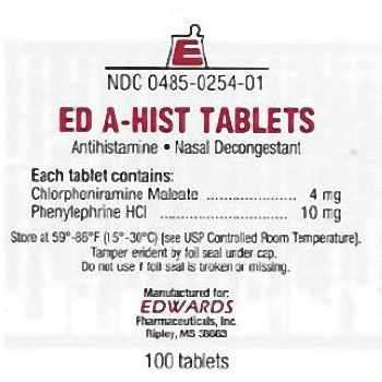 Pasteur Pharmacy Ed-A-Hist 100-tabs box of medicine and drugs for allergy relief, with blister pack of tablets visible.