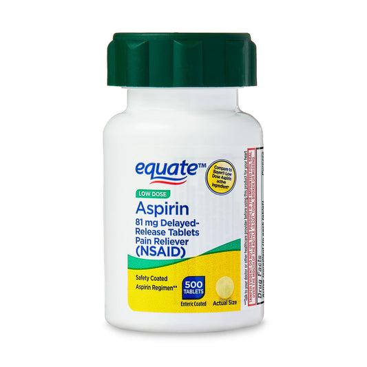 Equate low strength aspirin 81 mg chewable tablets in a bottle, shown with 108 count packaging, from Pasteur Pharmacy.