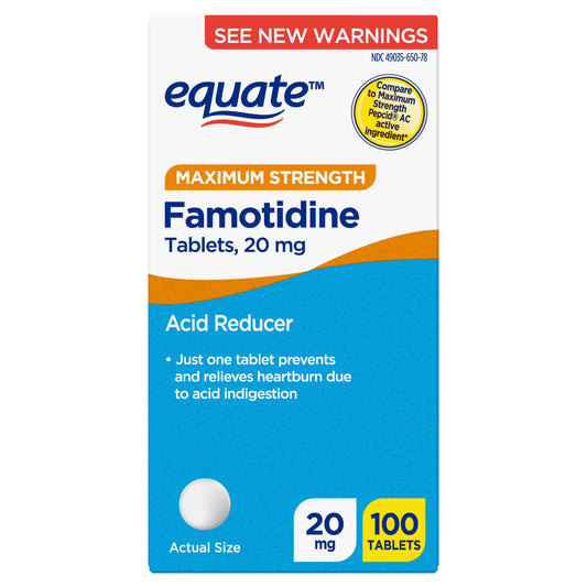 Famotidine 20mg acid reducer tablets by Pasteur Pharmacy, 100 tablets, showing the medication packaging and tablets inside a blister pack.