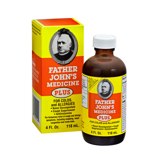 Father John's Cough Medicine Plus in a 4-ounce bottle, natural remedy for cough relief from Pasteur Pharmacy.