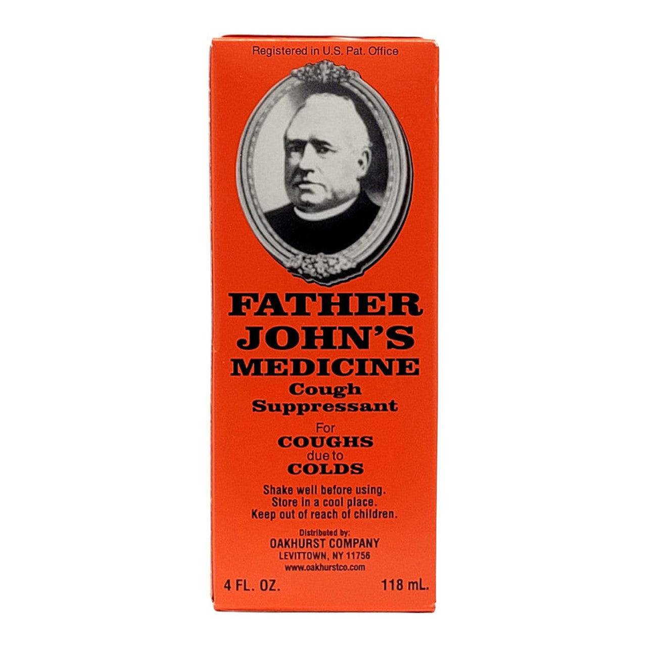 Father John's Medicine Cough Suppressant in a 4 oz bottle, used for soothing coughs and cold relief, from Pasteur Pharmacy.