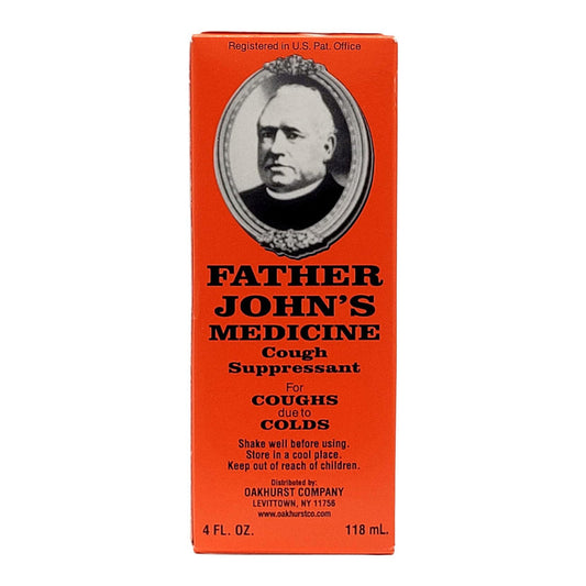 Father John's Medicine Cough Suppressant in a 4 oz bottle, used for soothing coughs and cold relief, from Pasteur Pharmacy.