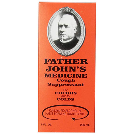 Father John's Medicine Cough Suppressant 8 oz bottle from Pasteur Pharmacy, liquid medicine for cough relief.