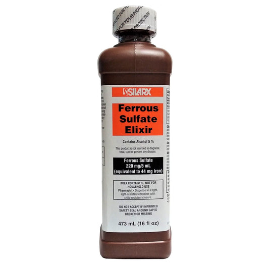 Fe sulfate liquid supplement in a 473ml bottle, used as a medicine for iron deficiency, from Pasteur Pharmacy.