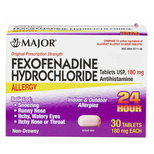 Fexofenadine HCl 180 mg tablets in a bottle, allergy medicine by Pasteur Pharmacy, 30 count medication for allergy relief