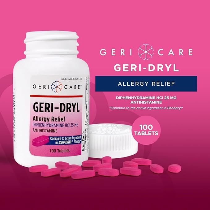 Geri-Dryl allergy relief tablets in a bottle, 25mg dosage, produced by Pasteur Pharmacy, for allergy symptom relief.