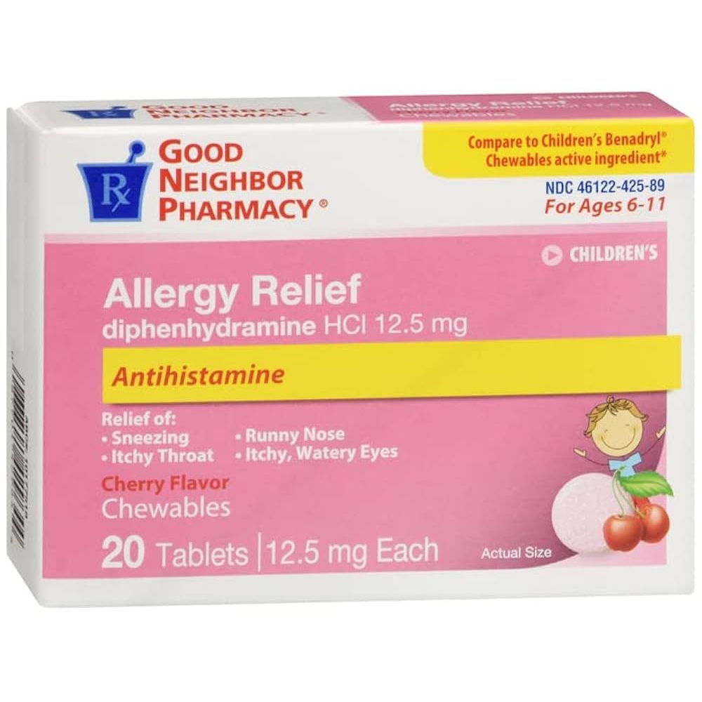 Cherry-flavored GNP Diphenhydramine HCL oral solution in a 4oz bottle, displayed with medication label and packaging.