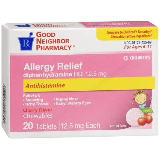 Cherry-flavored GNP Diphenhydramine HCL oral solution in a 4oz bottle, displayed with medication label and packaging.