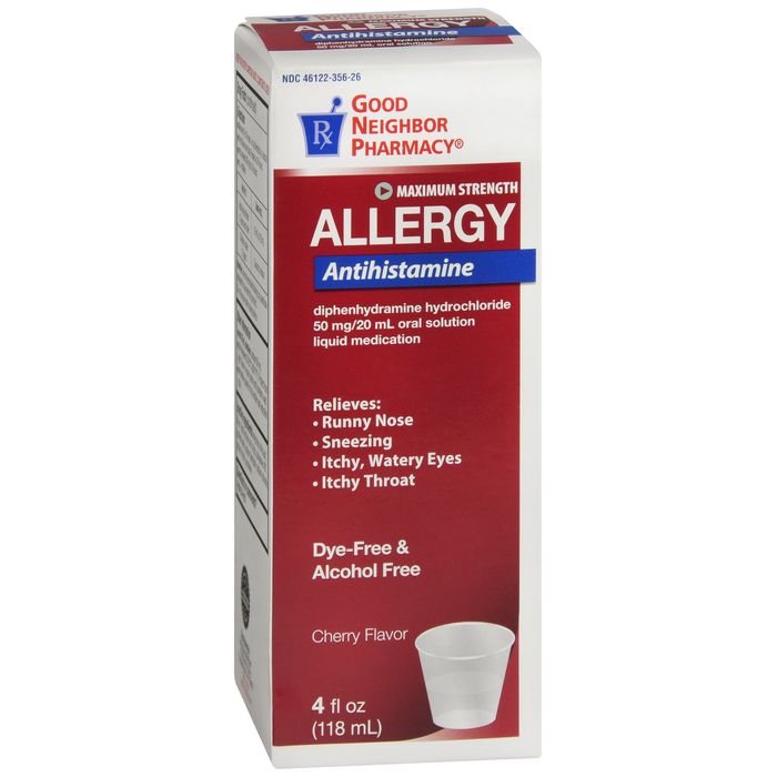 Bottle of GNP Diphenhydramine Liquid dye-free cherry flavor medicine from Pasteur Pharmacy, 4 fl oz with 50 mg per dose.