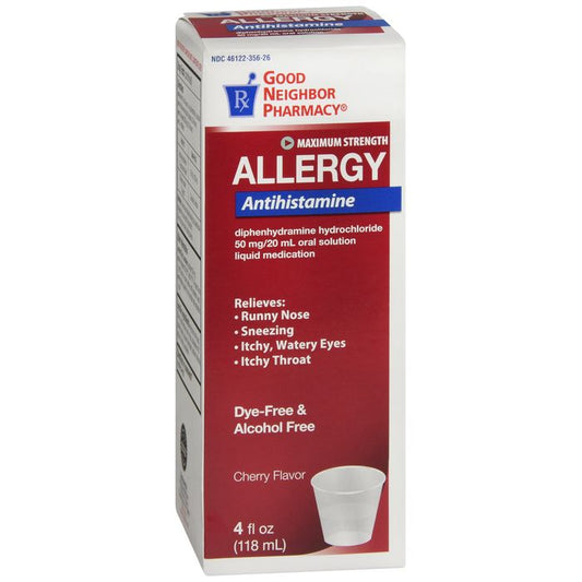 Bottle of GNP Diphenhydramine Liquid dye-free cherry flavor medicine from Pasteur Pharmacy, 4 fl oz with 50 mg per dose.