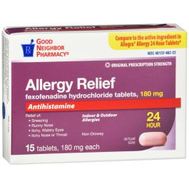 Gnp Fexofenadine HCl 180mg allergy relief tablets in a 15-count blister pack, designed for allergy symptoms.