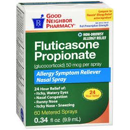 GNP Fluticasone Propionate Nasal Spray bottle with nozzle for allergy relief, 50 mcg, 24-hour medication from Pasteur Pharmacy