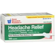 GNP Headache Relief XS extra strength pain reliever caplets in a bottle, used for fast headache relief.