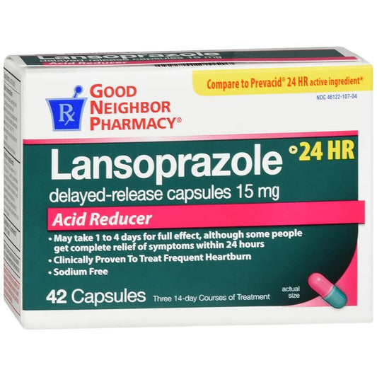GNP Lansoprazole 15 mg delayed-release capsules, 42-count, medicine and drug by Pasteur Pharmacy, with blister pack visible.