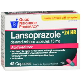 Pasteur Pharmacy GNP Lansoprazole 15 mg delayed-release capsules, acid reducer, 42-count bottle, prescription medication.