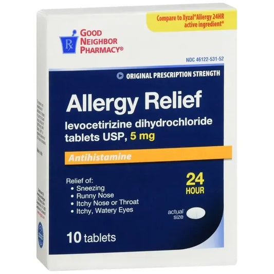 Box of GNP Levocetirizine Di-HCl 5 mg allergy relief medicine from Pasteur Pharmacy, showing the packaging and label.