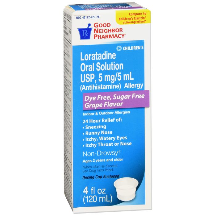 GNP Loratadine 5 mg/5 mL oral solution bottle with grape flavor, sugar-free allergy medicine from Pasteur Pharmacy.