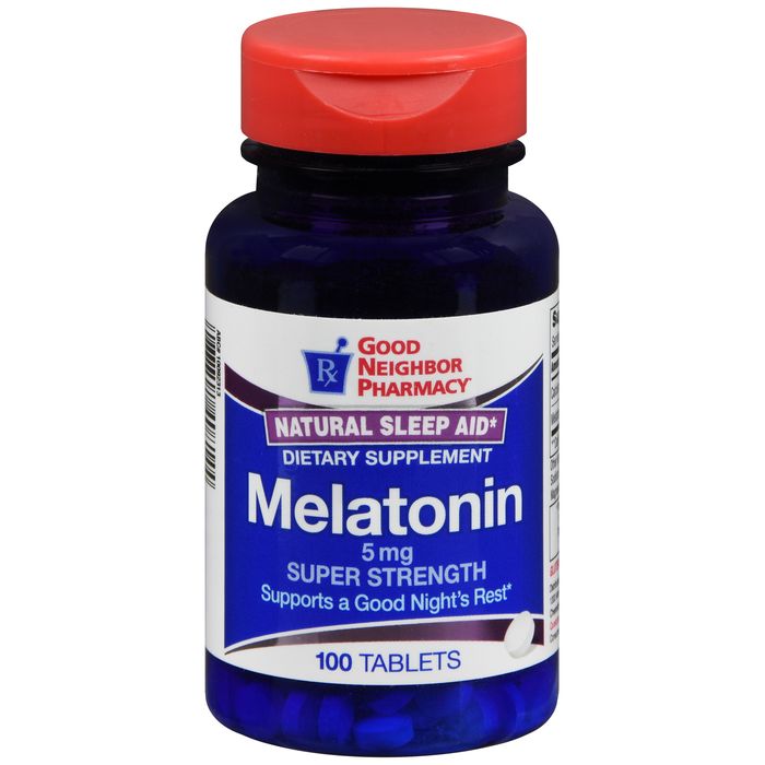 GNP Melatonin 5 mg tablets in blister packs, 100 count, sleep aid medicine by Pasteur Pharmacy, shown in blister packaging.