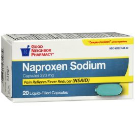 GNP Naproxen Sodium 220 mg soft gel pain reliever bottle with 20 capsules, used for pain relief and inflammation.