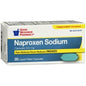 GNP Naproxen Sodium 220 mg soft gel pain reliever bottle with 20 capsules, used for pain relief and inflammation.