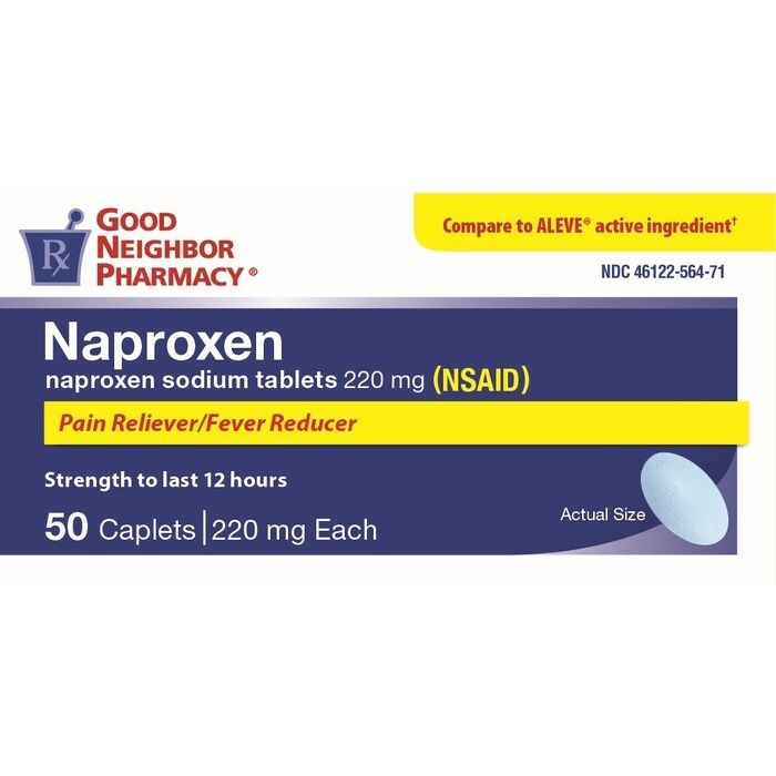 GNP Naproxen Sodium 220 mg tablets by Pasteur Pharmacy, 50-count bottle of pain relief medication.