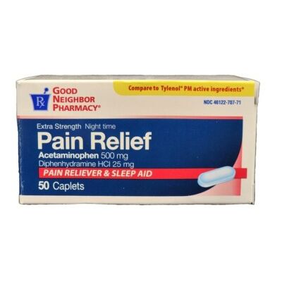 GNP Pain Relief PM medicine by Pasteur Pharmacy, 100 caplets of acetaminophen 500mg and diphenhydramine 25mg for pain and sleep aid