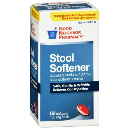 GNP Stool Softener 100mg softgels by Pasteur Pharmacy, showing the medicine bottles and softgel capsules.