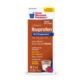 Bottle of Good Neighbor Pharmacy GNP Ibuprofen Suspension Dye Free Berry 4 Oz, medicine and drug product by Pasteur Pharmacy.