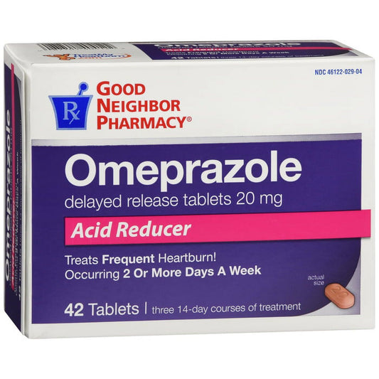 Good Neighbor Pharmacy GNP Omeprazole 20 mg medication, 42 tablets for acid reflux relief, by Pasteur Pharmacy.