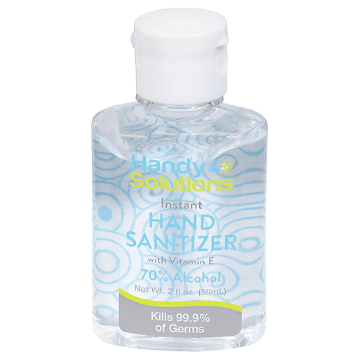 Handy Solutions hand sanitizer in a 2 fl oz bottle, sanitizer gel for quick hand cleanliness by Pasteur Pharmacy.