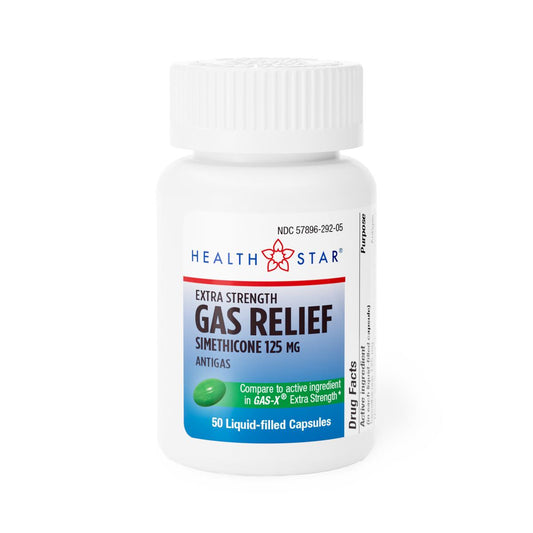 Health Star Extra Strength Gas Relief Softgels with 125 mg Simethicone, 50-count bottle, effective for bloating and stomach discomfort.