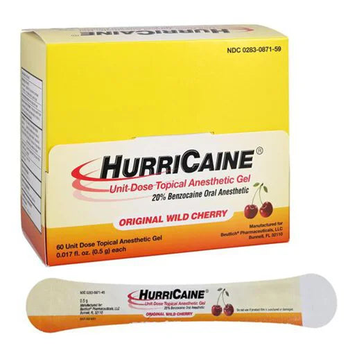 Hurricaine Gel 20% Benzocaine wild cherry flavor in a box of 60 individual 0.5g doses, for oral pain relief.
