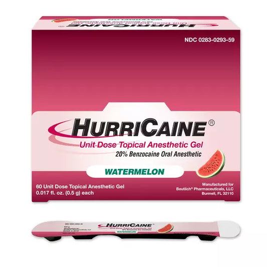 Hurricaine Topical Anesthetic Gel 20% Watermelon flavor, 60 unit doses of 0.5g each, in individual sachets, on a white background.