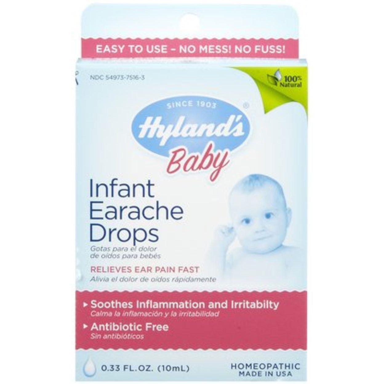 Hyland's Baby Infant Earache Drops in 0.33 fl oz bottle, natural medicine for soothing infant ear discomfort, by Pasteur Pharmacy