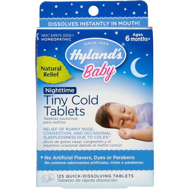 Hyland's Children's Baby Nighttime Tiny Cold Tablets in a 125-count bottle, gentle medicine for children to relieve cold symptoms
