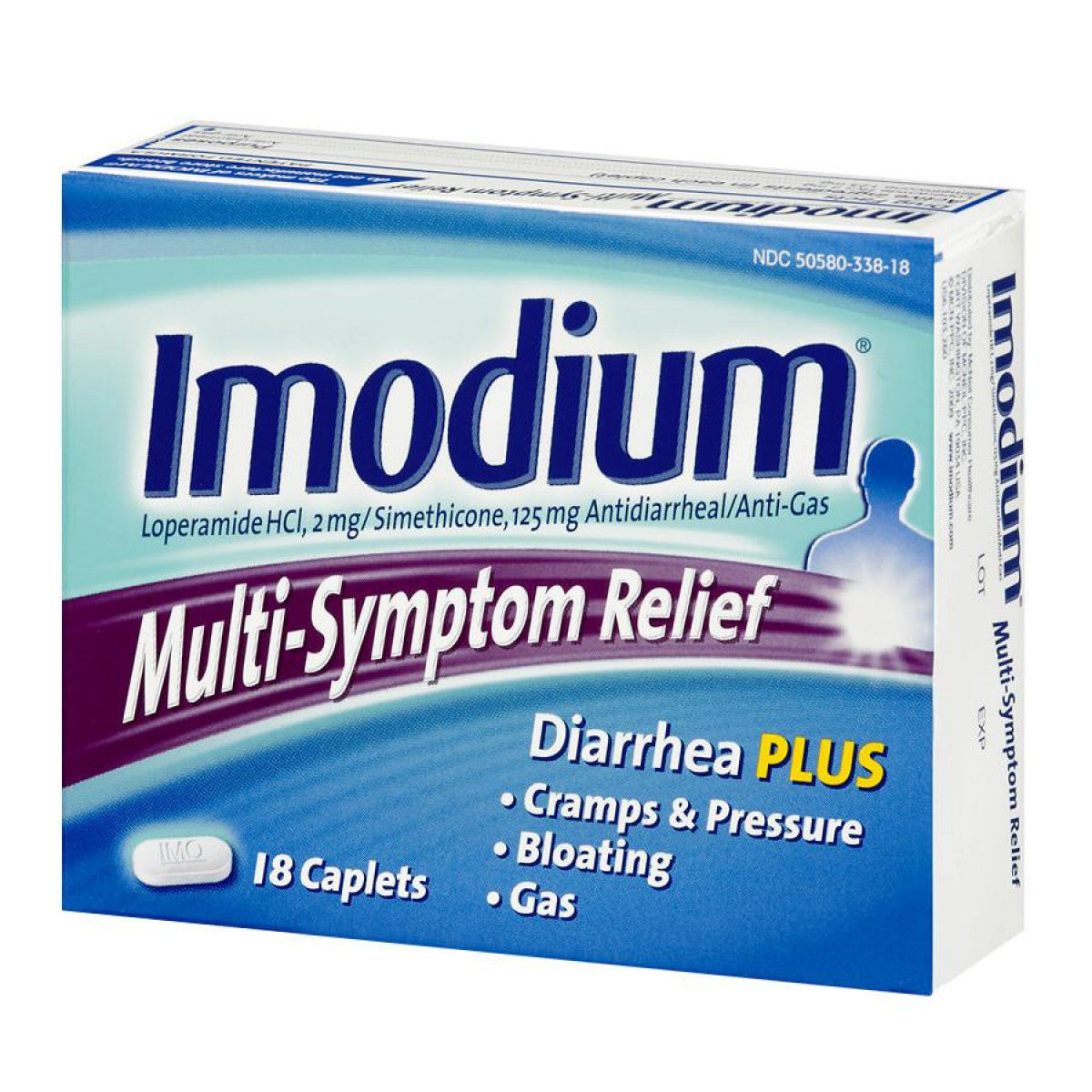 Imodium Multi Symptom Relief Diarrhea Plus Caplets in blister pack, over-the-counter medicine for diarrhea and related symptoms.