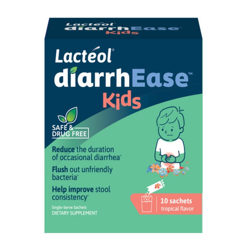 Lacteol Kids' diarrhea relief powder by Pasteur Pharmacy, 10-count box, in package with powder sachets for children’s digestive health.