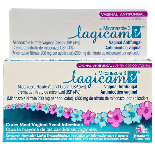 Lagicam Vaginal Antifungal medicine by Pasteur Pharmacy, Miconazole 3, 200 mg, in blister pack, for treating vaginal fungal infections.