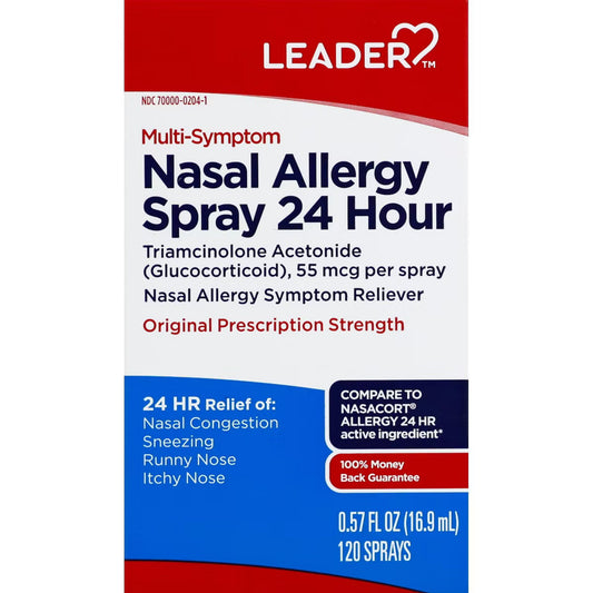 Leader 24-Hour Multi-Symptom Nasal Allergy Spray by Pasteur Pharmacy, 0.57 fl oz bottle with spray nozzle for allergy relief.