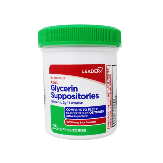 Leader Adult Glycerin Suppositories, 2g, 25 count, packaged in a box, used as a medication for relief of constipation.