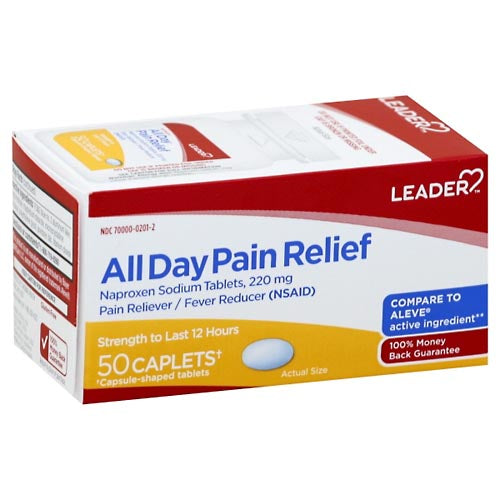 Leader All Day Pain Relief Naproxen Sodium 220 mg caplets, medication for pain relief, shown in a blister pack.