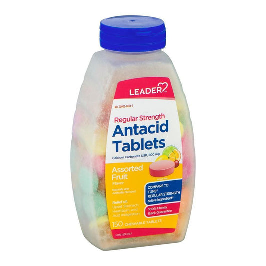 Assorted fruit-flavored chewable tablets of Leader Antacid Regular Strength, a medicine by Pasteur Pharmacy, 150 tablets.