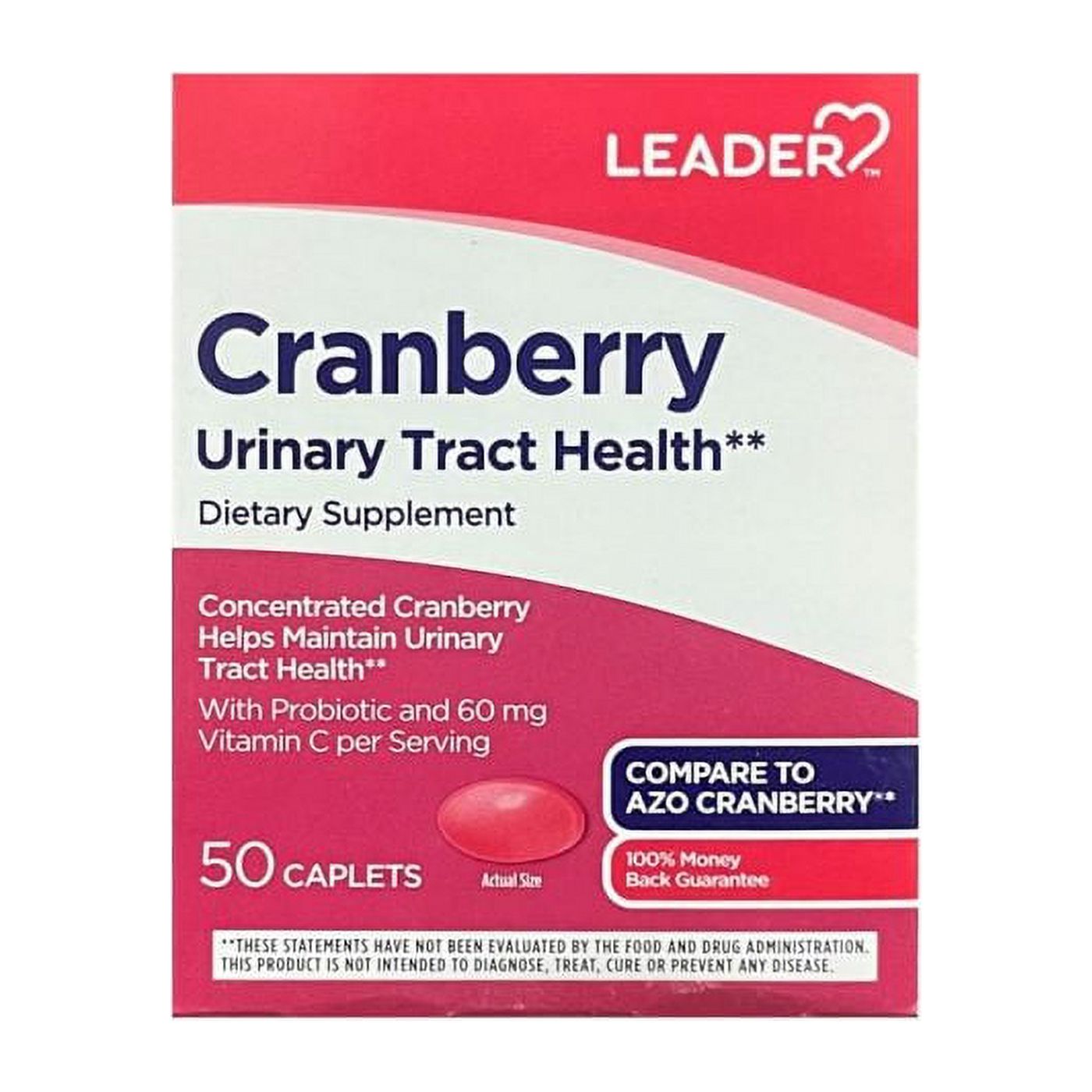 Leader Concentrated Cranberry Caplets from Pasteur Pharmacy, 50 count, dietary supplement for urinary health.