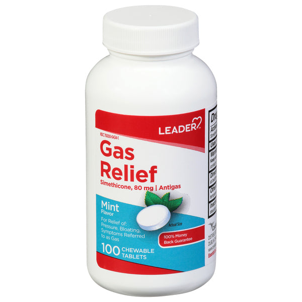 Leader™ Gas Relief Simethicone 80 mg medicine bottle, anti-gas remedy by Pasteur Pharmacy, with label and cap visible.