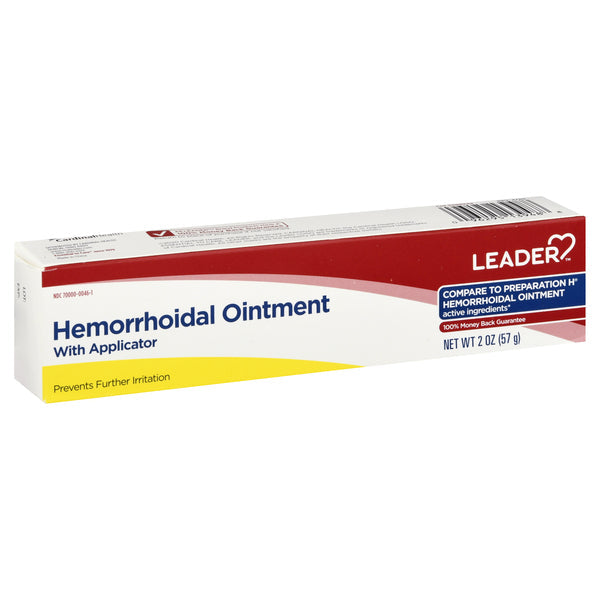 Leader Health Care Hemorrhoidal Ointment with applicator in 2 oz tube, used for soothing hemorrhoids and discomfort.
