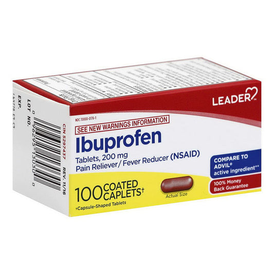Leader Health Care Ibuprofen 200 mg coated tablets, pain relief medication from Pasteur Pharmacy, shown in blister packaging.