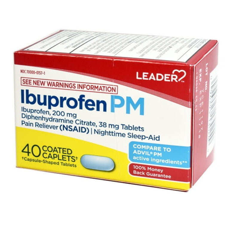 Leader Health Care Ibuprofen PM caplets, 200 mg, pain relief medication with sleep aid, in blister packaging.