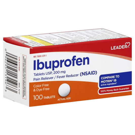 Leader Ibuprofen 200 mg coated tablets, 100 count, pain reliever and fever reducer, in blister pack.